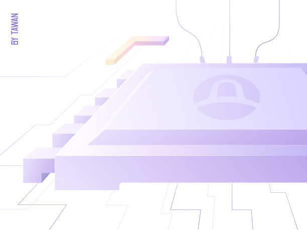 Isometric chip illustration with circuit traces