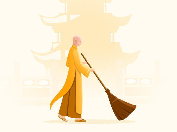 Monk sweeping in front of a temple