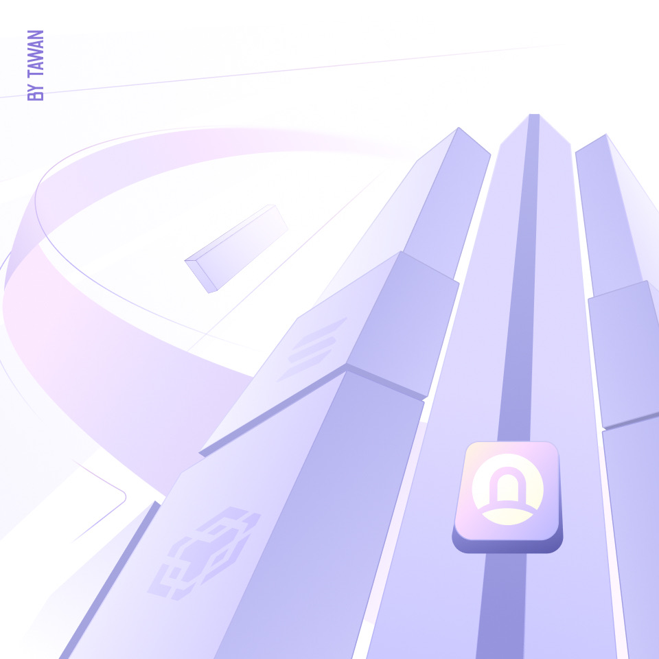 Towers rising along a road, app icon in the foreground